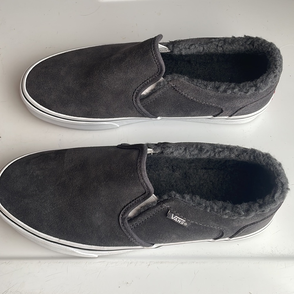 Vans Asher shoes slip on asphalt black suede Sherpa fur lined men size 7 1/2 7.5 - Picture 7 of 10